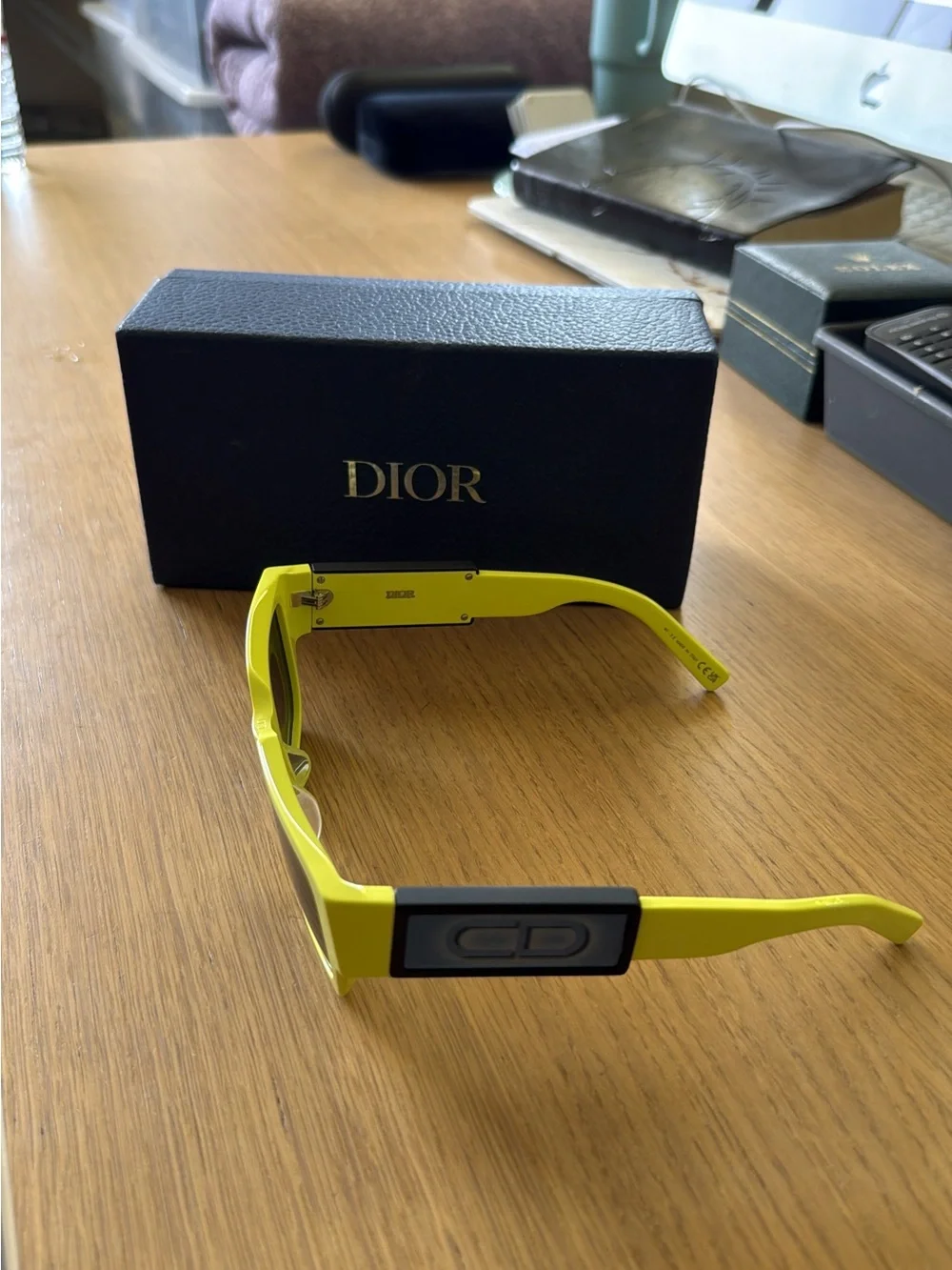 Dior Neon yellow Rectangular Logo Temple Sunglasses